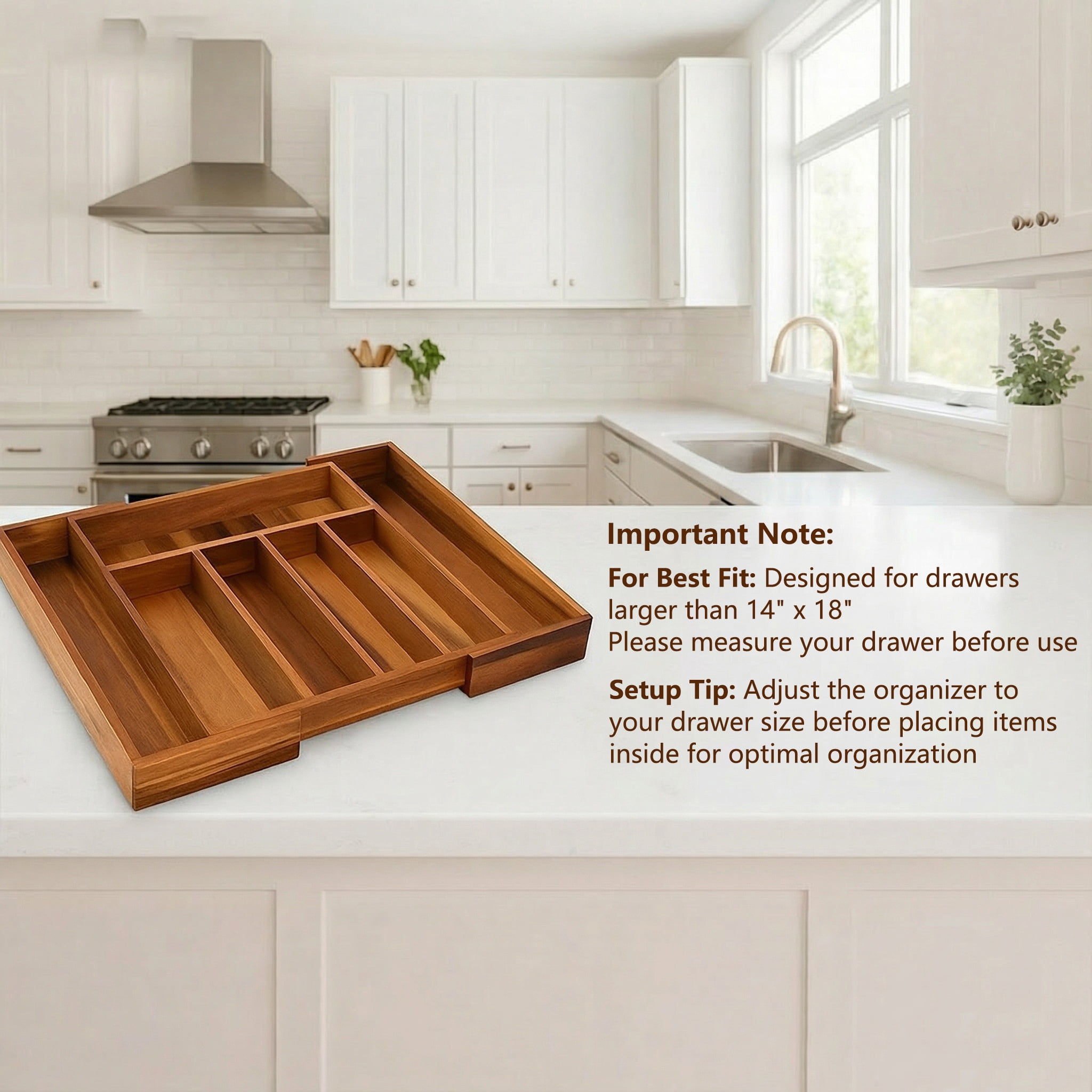 Expandable Acacia Wood Kitchen Drawer Organizer, Adjustable Utensil & Cutlery Organizer with Knife Block, Wooden Kitchen Drawer Organizer