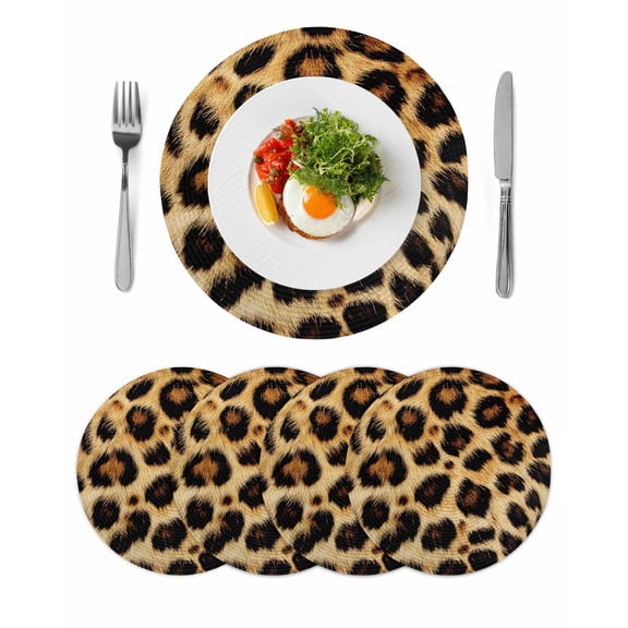 Brown Leopard Print Round Table Placemats set of 4, Vintage Leopard Pattern Washable Woven Place Mats for Dining Tables Kitchen Party Decor,Heat Proof, 13in,