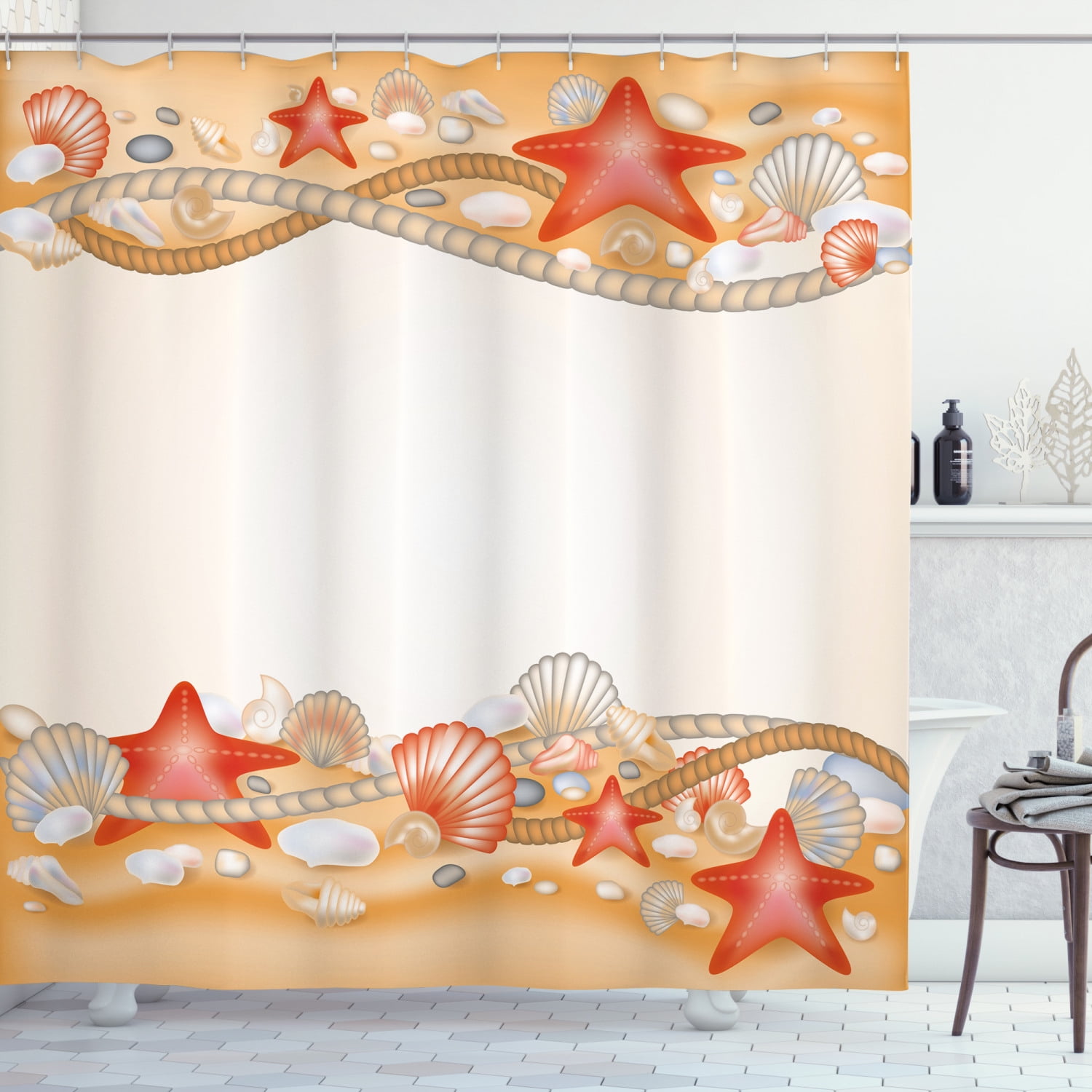 Ambesonne Beach Shower Curtain, Sand Seashells Themed Print, 69"Wx75"L