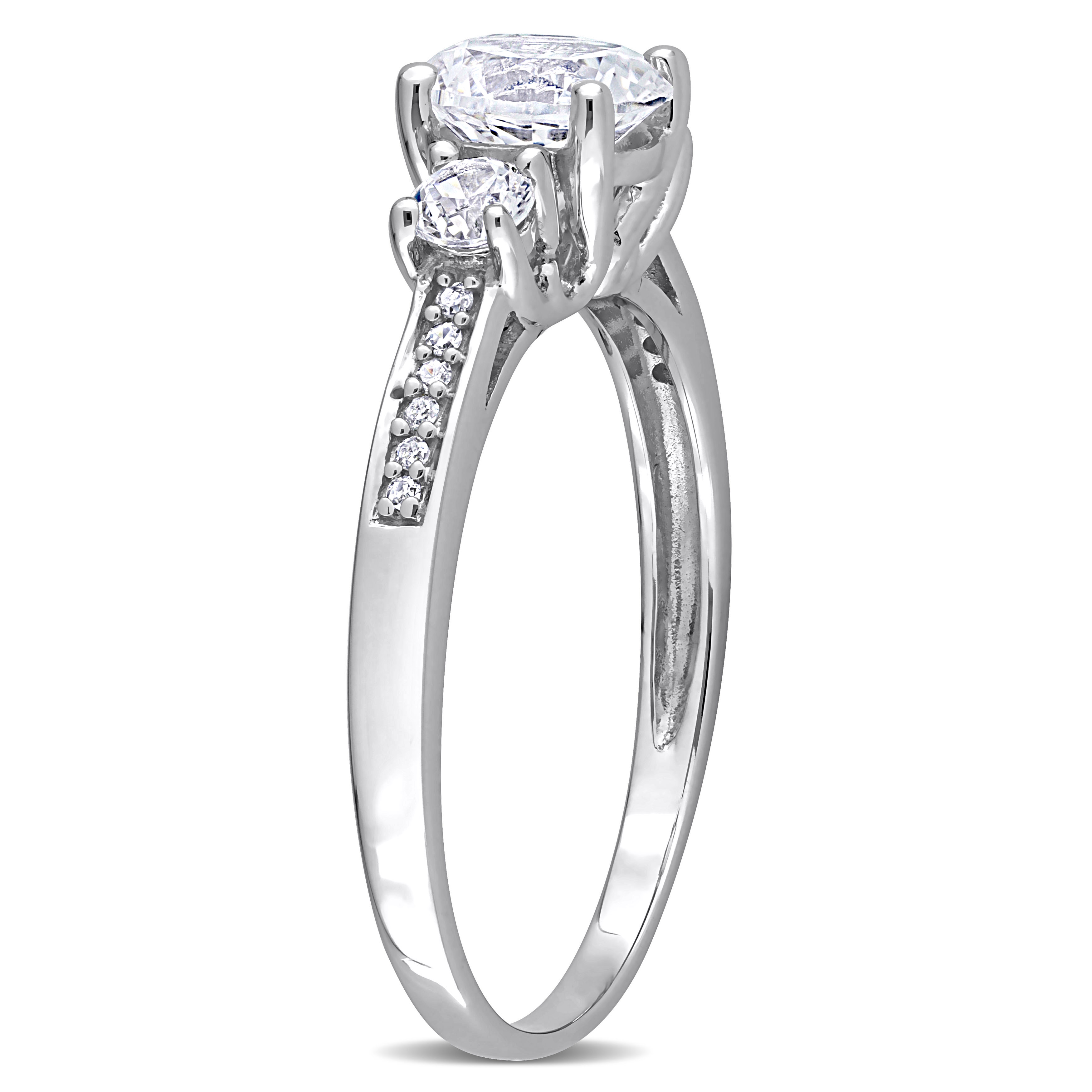 Everly Women's Engagement Anniversary Bridal 1 1/3 CT. Round Created White Sapphire Round-Cut Diamond Accent (G-H, I2-I3) 10kt White Gold 3-Stone Ring with 4 Prong/Pave Setting & Shoulder Diamonds - image 5 of 10