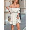 thumbnail image 6 of Women'S Summer Off Shoulder Mini Dress Ruffle Sleeve Elastic Waist Ruffle Hem Cute Beach Elegant Short Dresses Apricot M, 6 of 9