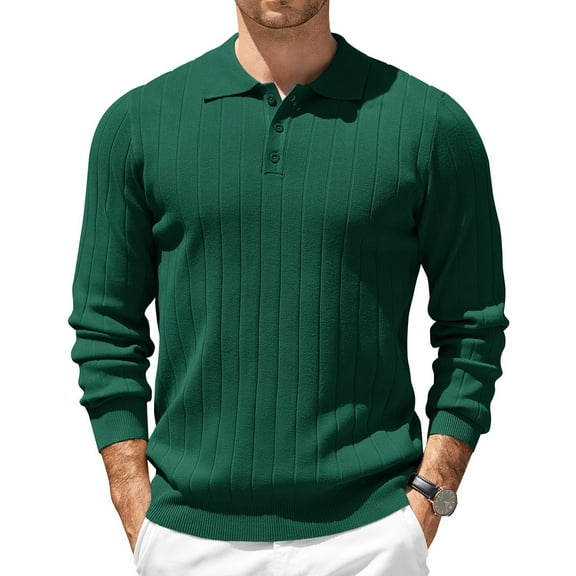 SAATLERI Mens Long Sleeve Knit Polo Shirt Lightweight Ribbed Pullover Sweater Casual Textured Golf Shirt with Collar