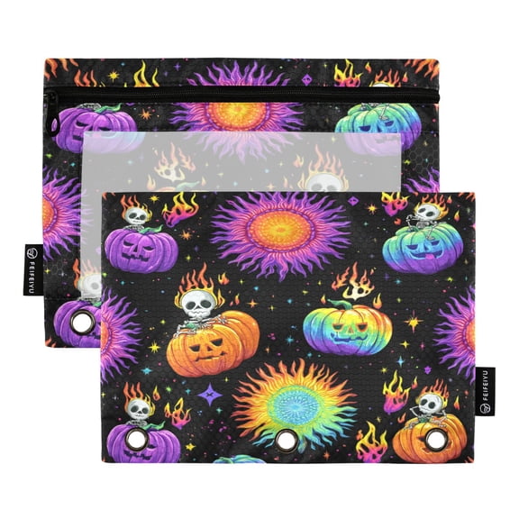 2 Pack 3 Ring Binder Pouch with Clear PVC Window Water Resistant Zipper Pencil Pouch Halloween Pumpkin Spooky Pattern Binder Pocket for Classroom Office Home Stationery Organization
