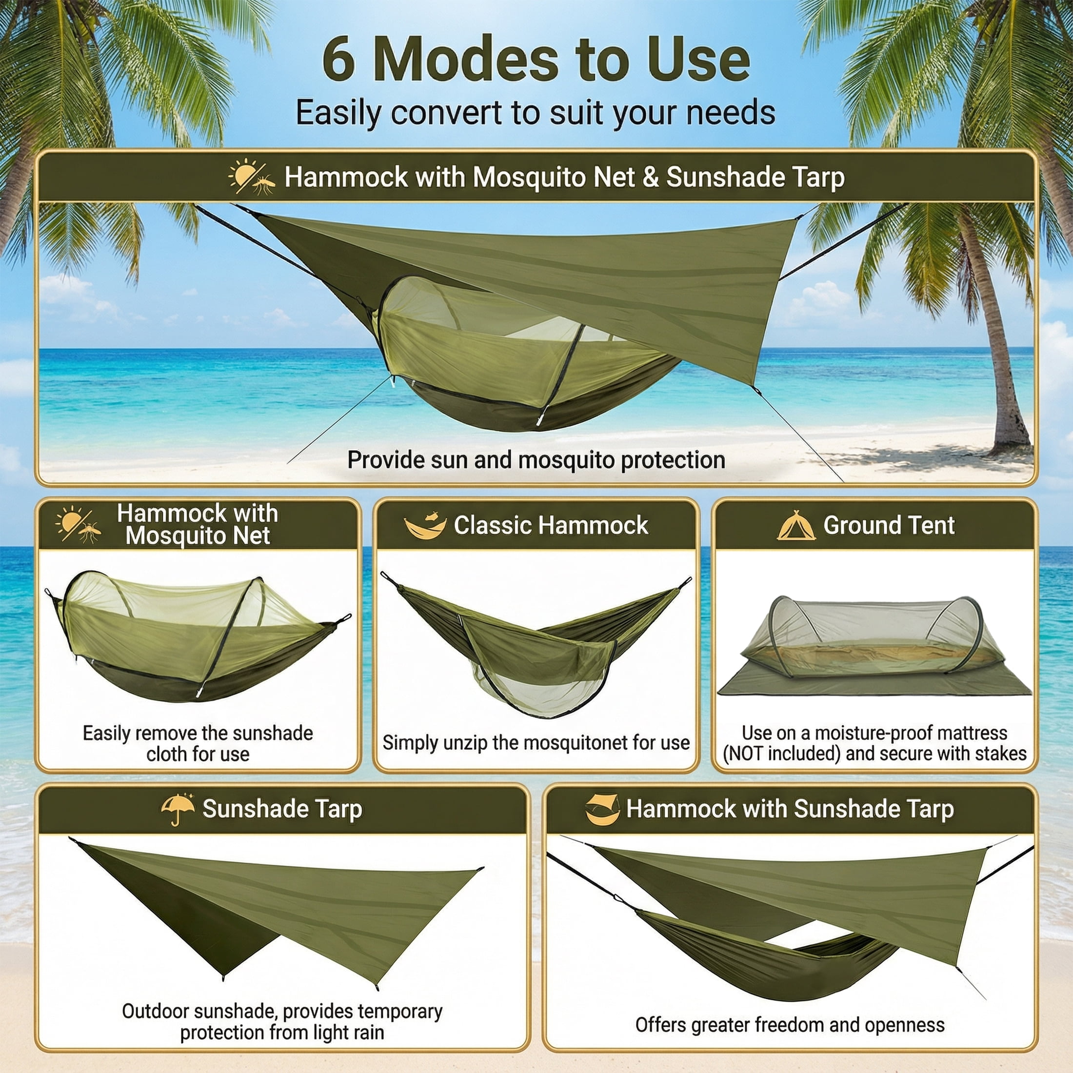 EZBY Camping Hammock with Net & Sunshade Tarp,2 Person Portable Hammocks for Outside,661lbs Max Load for Outdoor Camping Hiking Beach Park