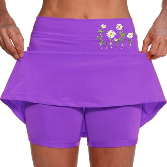 Women's Tennis Skirts Summer Women Mid Rise Culottes With Pockets Athleisure Two Layered Short Skirts Purple XXL