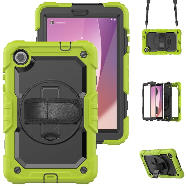 XYX For Lenovo Tab M8 4th Gen Case 8 inch 2024/2023, 360 Rotating Shockproof Cover with Stand, Screen Protector, Shoulder Strap, Lime