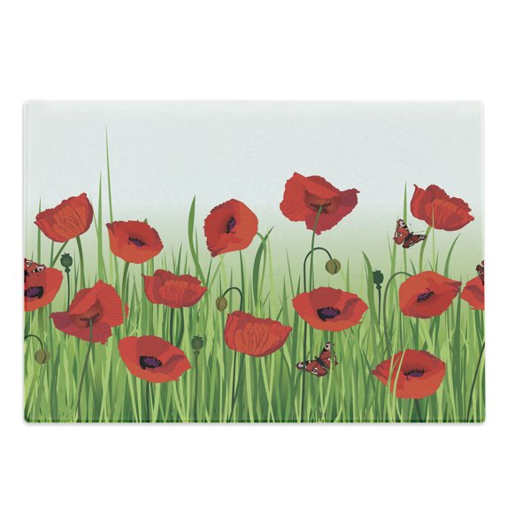 Flower Cutting Board, Grass Flowers Butterfly Floral Arrangement Summer Greenland Work of Art Print, Decorative Tempered Glass Cutting and Serving Board, Large Size, Green and Red, by Ambesonne