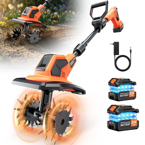 Tanbaby Electric Tiller Cultivator, Garden Rototiller with 2x4.0AH Battery, 21V 550W Brushless Motor, 9-inch Width, 6.7-inch Depth, 4 Steel Blades Garden Tiller for Soil Cultivation