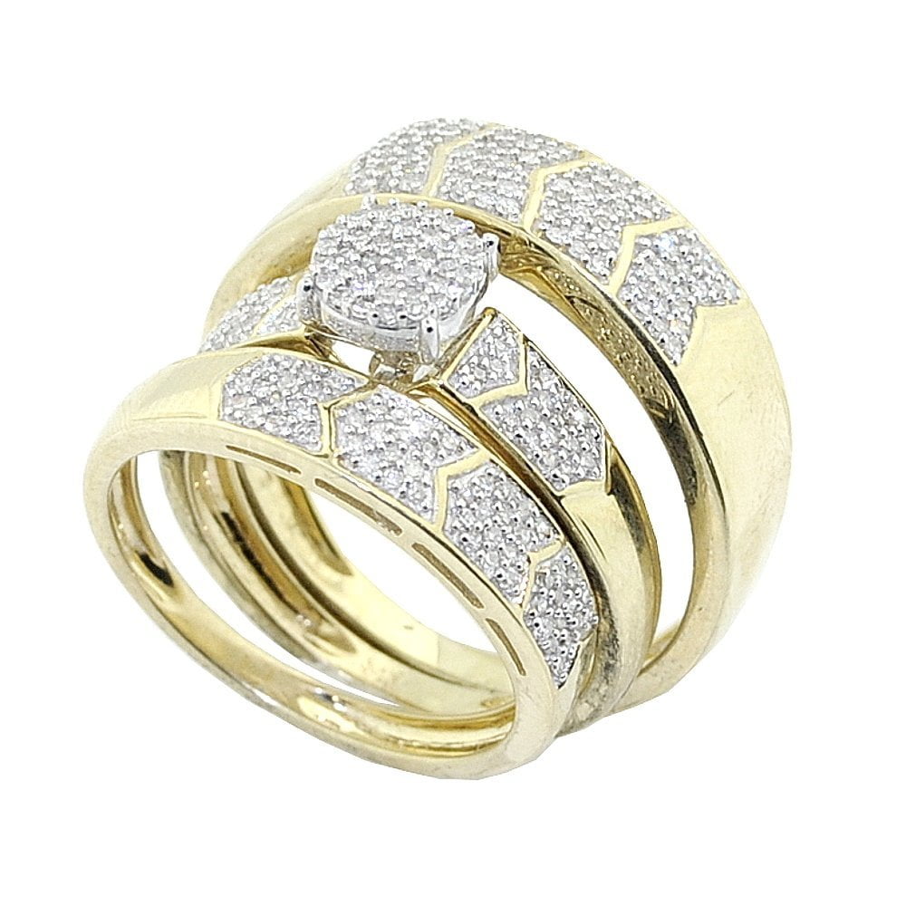 10K Yellow Gold Diamond Trio Set Matching Engagement Ring Wedding 