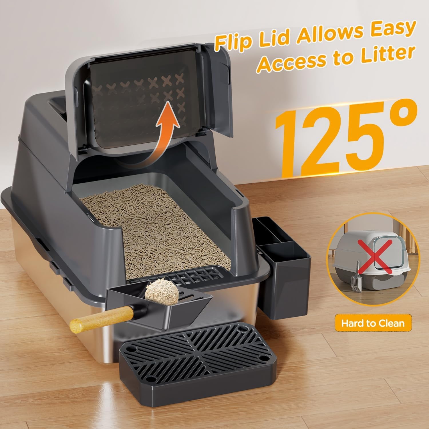 Stainless Steel Litter Box with Lid, XL Closed Metal Litter Box Modular Design with Flip Lid Fits All Cats, Extra Large Covered High Sided Cat Box, Scoop, Non-Sticky, Easy Cleaning (Dark Grey)
