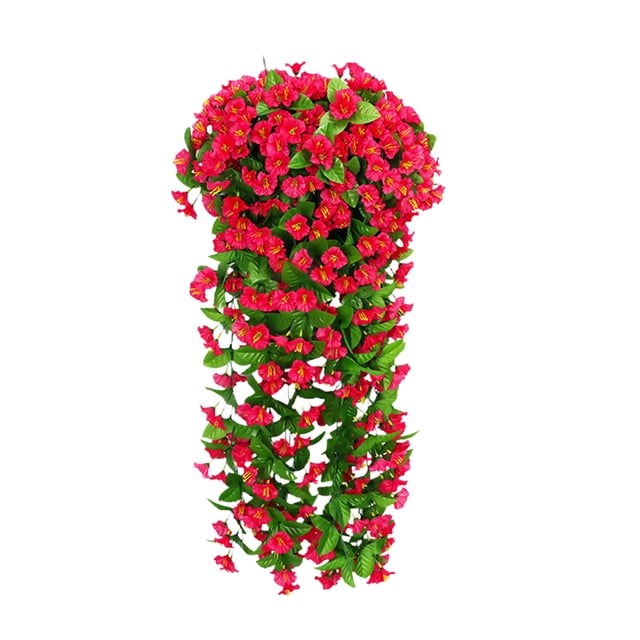 Flores artificiales colgantes, flores falsas, planta colgante, flor violeta, flores de primavera de seda sintética para pared, puerta, patio, jardín, boda, decoración al aire libre (rojo)