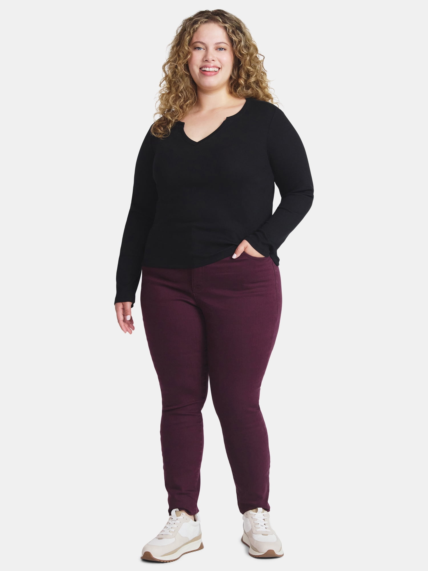 Terra & Sky Women's Plus Long Sleeve Notch Neck Top, Sizes 0X-5X