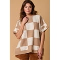 thumbnail image 3 of Women's Light French Beige Checkered Pattern Loose Drop Shoulder Half Sleeve Sweater | L, 3 of 5
