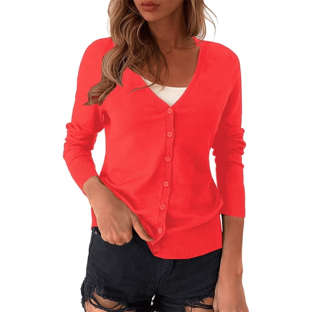 IMENGL V Neck Plus Size Cardigan Sweater Solid Color Knitted Long Sleeve Short, Red 3XL, Size M-3XL
