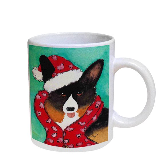 KuzmarK Coffee Cup Mug Pearl Iridescent White - Welsh Corgi in Santa Hat and Scarf Christmas Dog Art by Denise Every