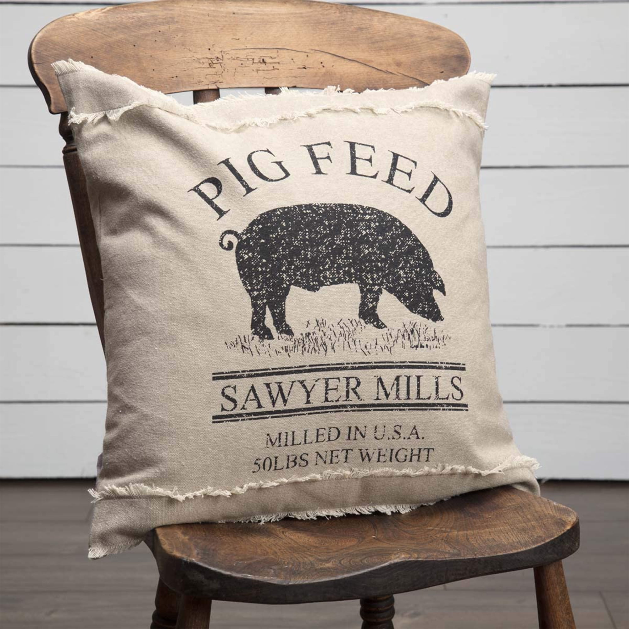 VHC Brands Sawyer Mill 18x18" Square Accent Throw Pillow, Pig, Charcoal