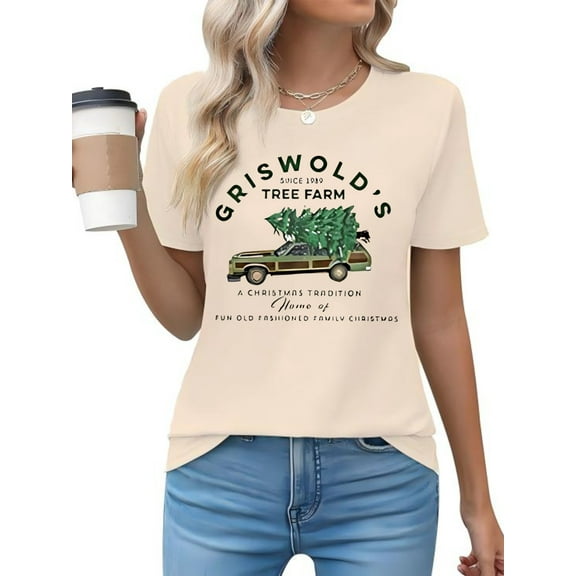 Merry Christmas T-Shirt Christmas Tree and Truck Graphic Casual Short Sleeve Shirt for Women