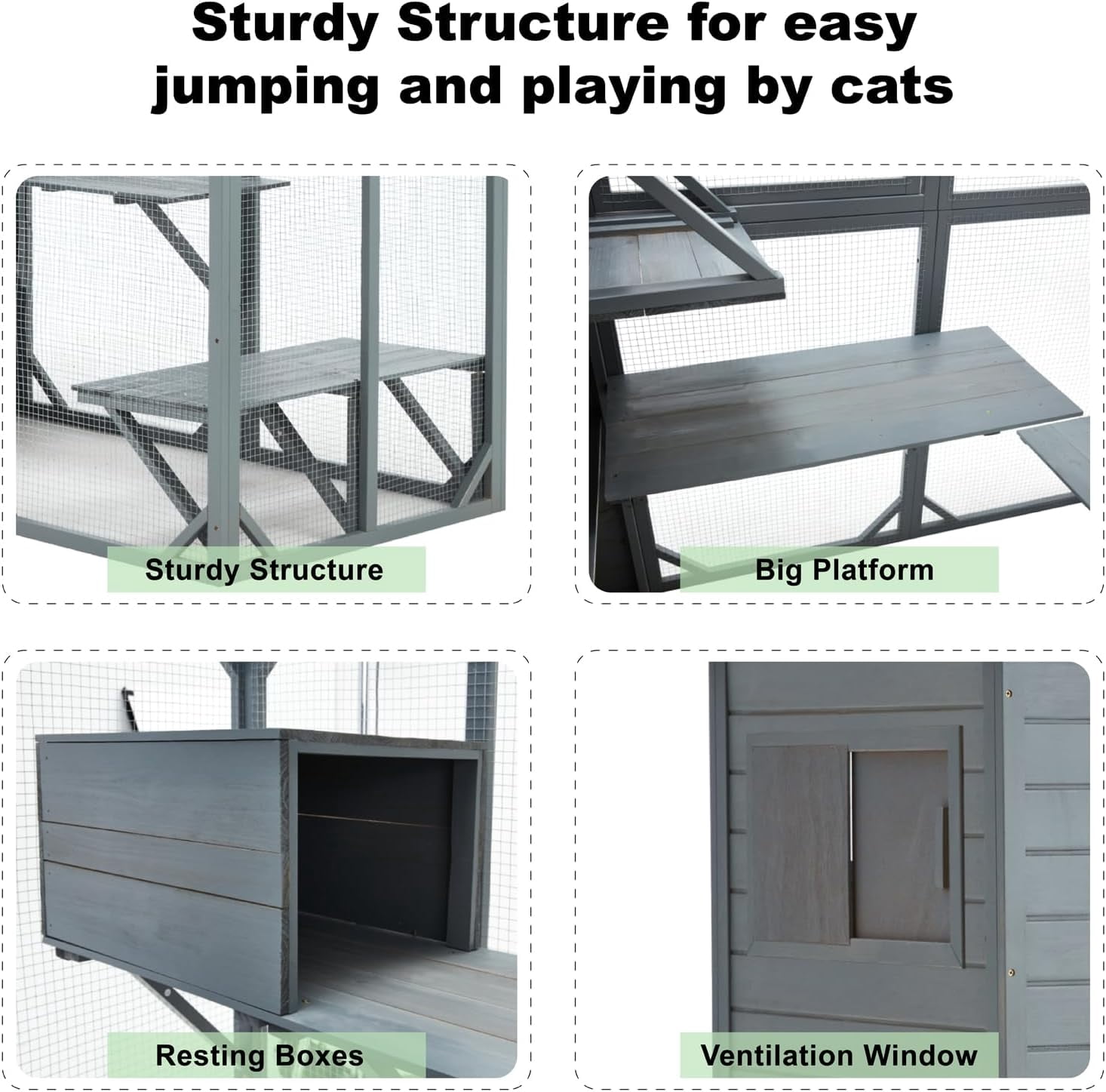 Erinnyees Large 4-Tier Cat Enclosure, Outdoor Catio & Indoor Cat House with Weatherproof Roof for Multiple Cats, 4 Rooms, 70"Hx32"Wx77"L, Gray Green