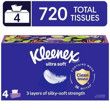 Kleenex Ultra Soft Facial Tissues, 4 Flat Boxes, 180 Tissues per Box, 3-Ply