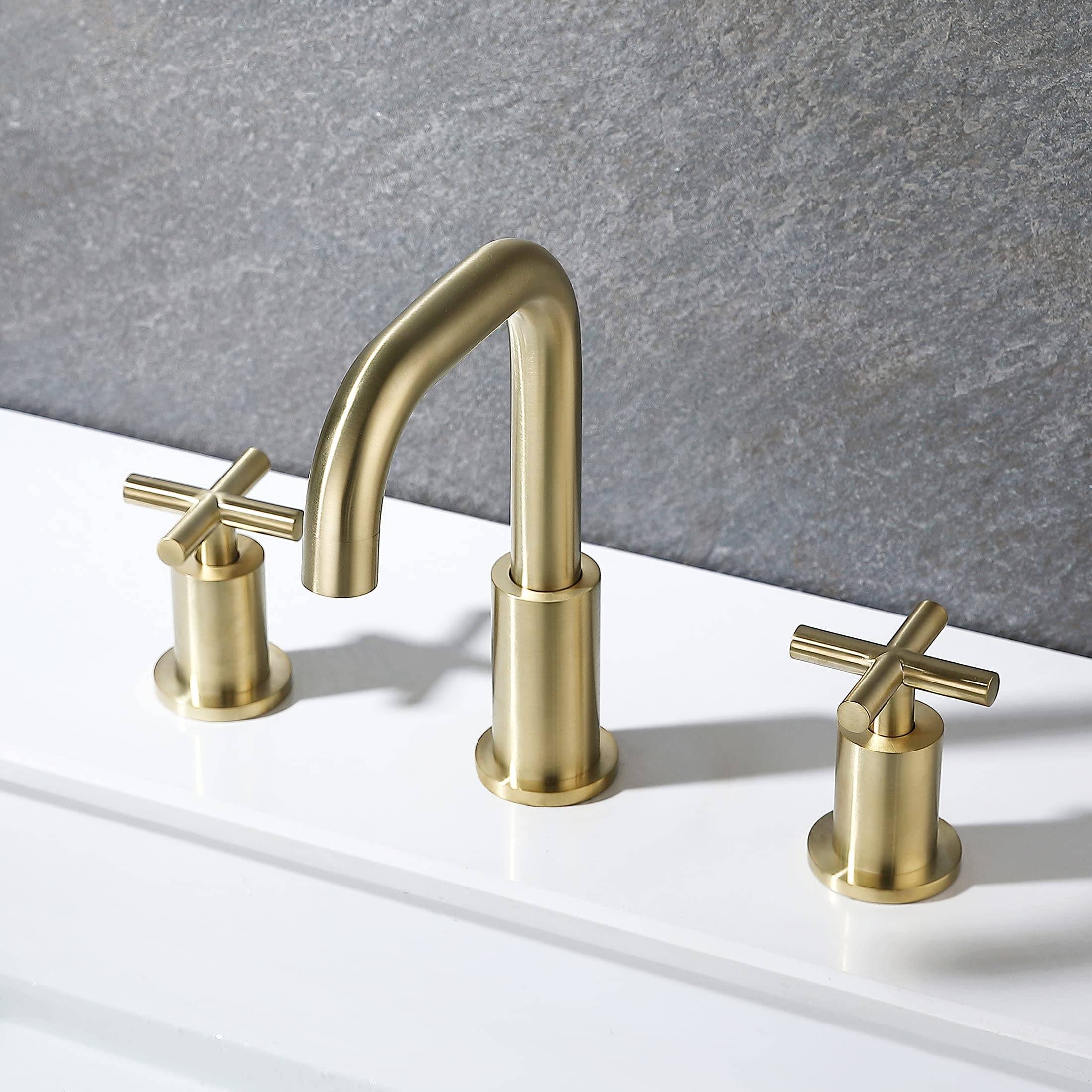 Adorer Brushed Gold 8 Inches Bathroom Faucet, 2 Handles Widespread Bathroom Sink Faucet 3 Hole  with Pop-Up Drain Assembly - 33163BG