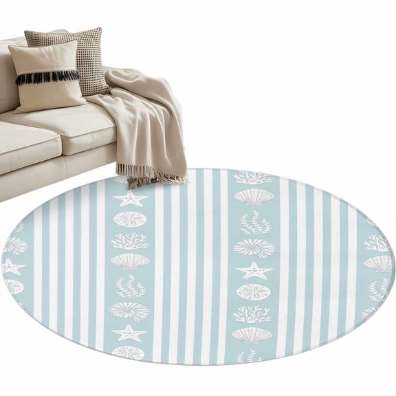 Sky Blue Striped Coastal Round Area Rug 3 FT, Small Kitchen Bathroom Mat, Nautical Beach Starfish Shell Washable Indoor Outdoor Throw Runner Carpet Doormat for Table Shower Sofa Entryway