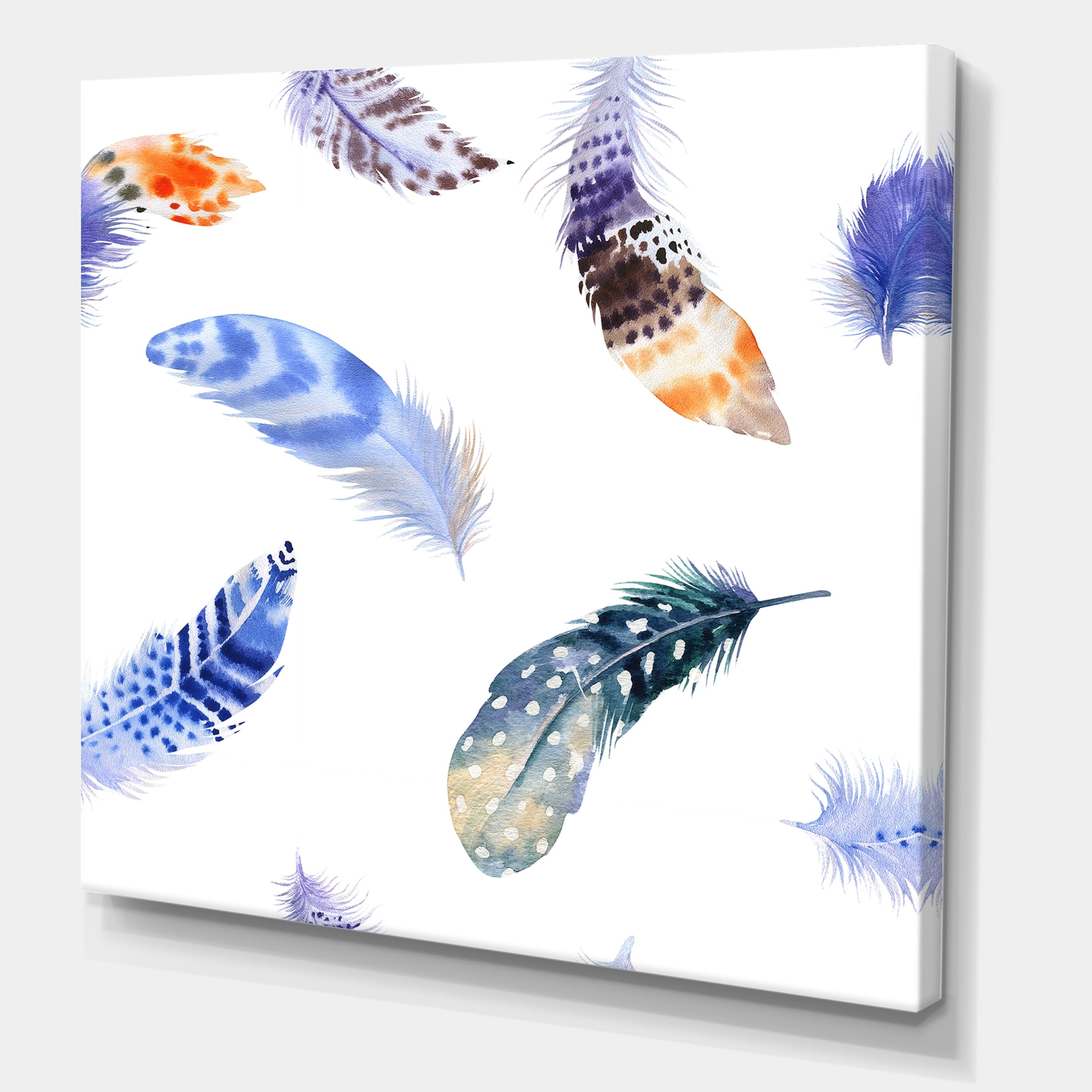 Designart ' Colourful Boho Feather Set On White VII ' Bohemian & Eclectic Canvas Wall Art Print