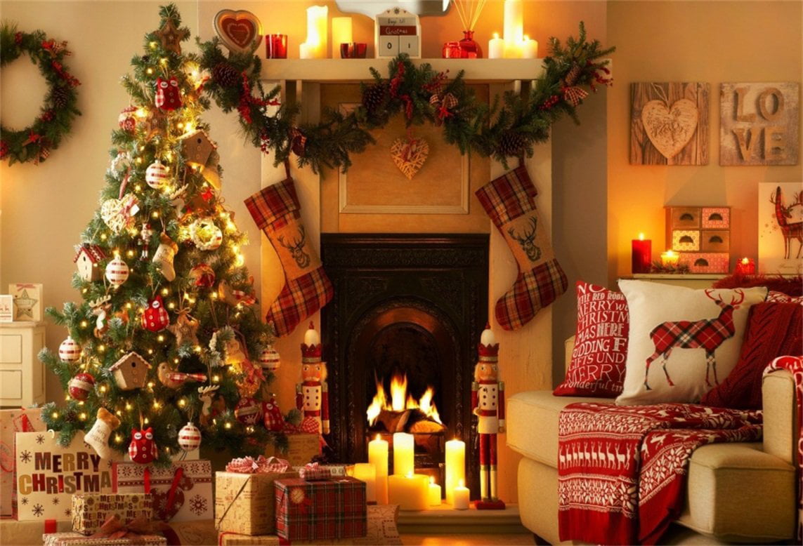 GreenDecor Polyester 7x5ft Christmas Tree Backdrop Xmas Gifts Stockings