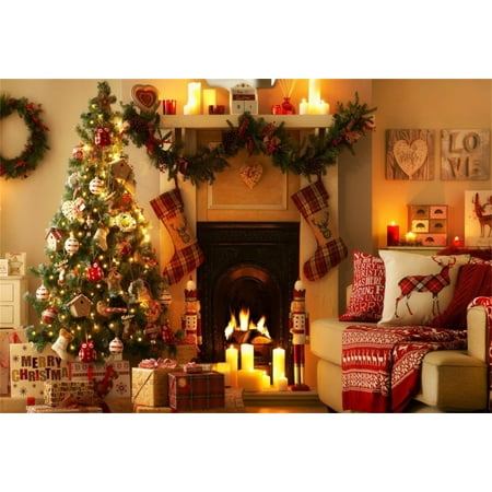 GreenDecor Polyester 7x5ft Christmas Tree Backdrop Xmas Gifts Stockings Mantel Candle Garland Photography Background Family Artistic Portrait Fireplace