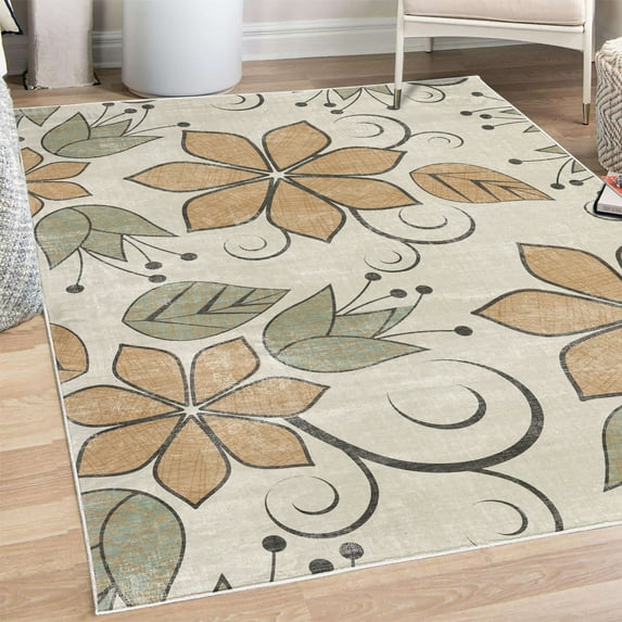 Floral Decorative Rug, Delicate Flowers with Swirling Ivy Branches Leaves Tulips Vintage Style of Art, Quality Carpet for Bedroom Dorm and Living Room, 6 Sizes, Pale Camel, by Ambesonne