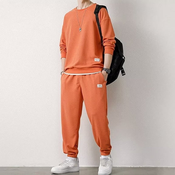 Mens 2 Piece Outfits Lounge Jogging Sweatsuit Set Oversized Baggy Sweatpants & Sweatshirt Set (Orange XL)