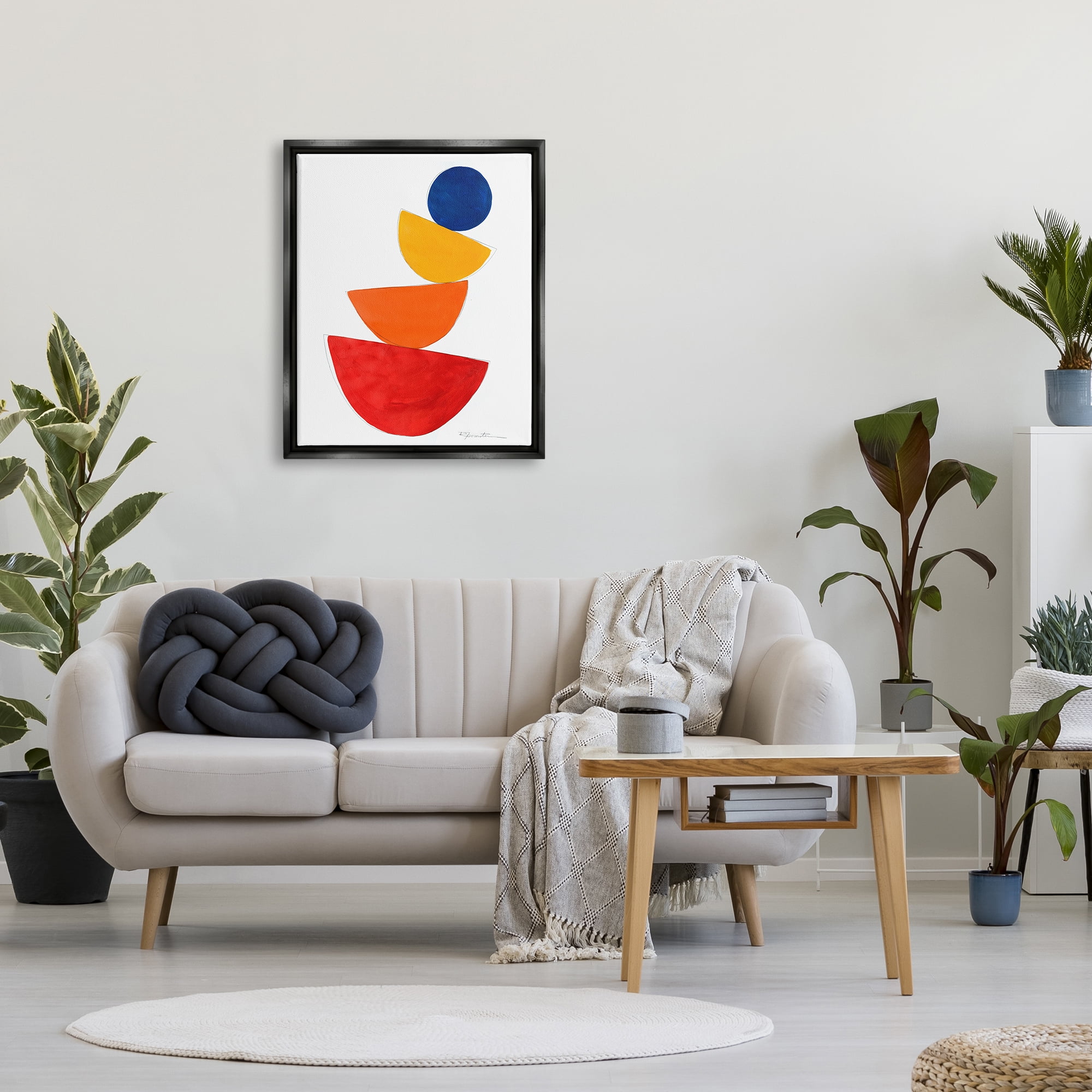Stupell Industries Tilting Balancing Shapes Abstract Painting Black Floater Framed Canvas Art Print Wall Art, 25 x 31