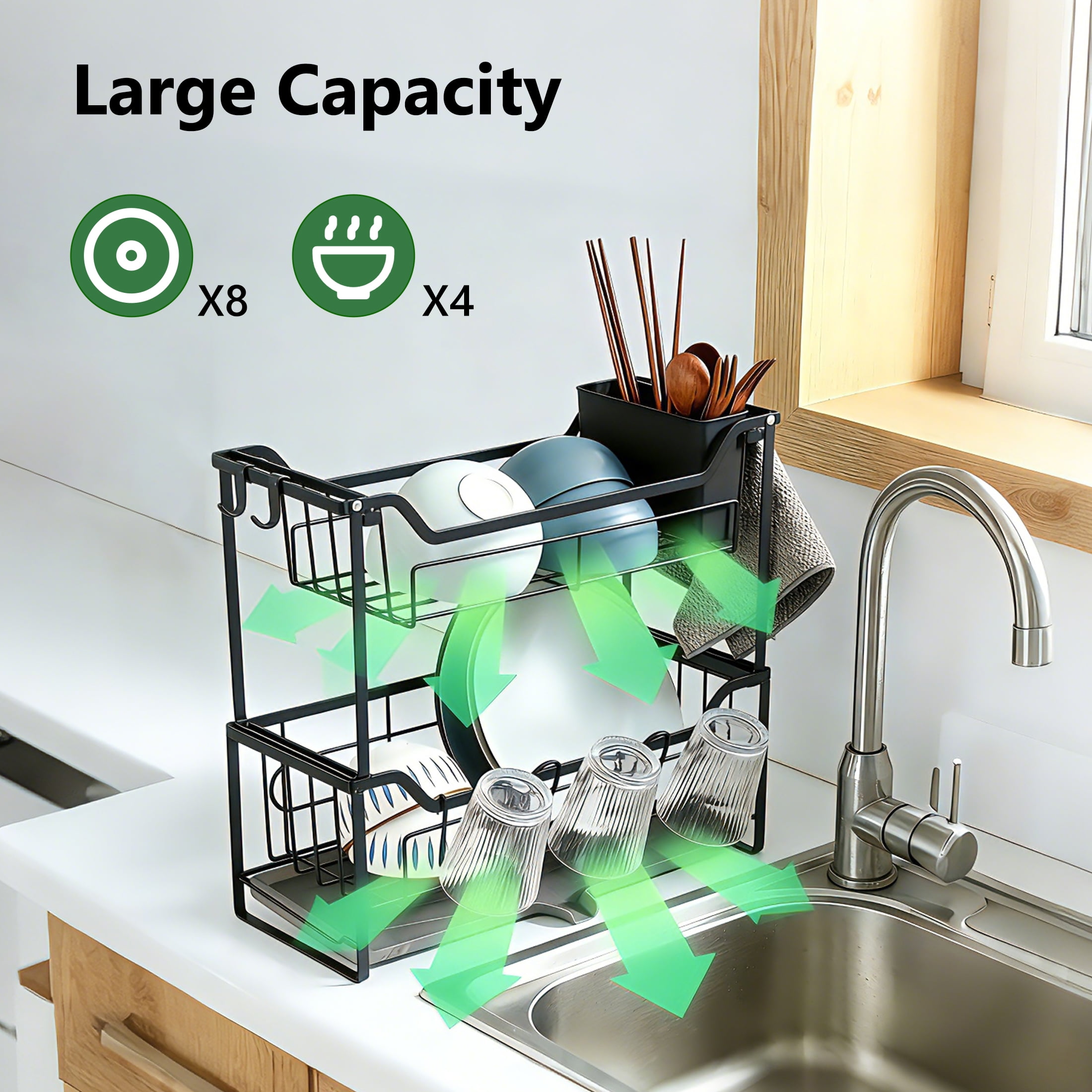 Luckytree 2-Tier Dish Drying Rack, Large Space-Saving Dish Racks,Narrow Dish Drainer for Kitchen Counter Organizer ,6.7"W x 17"L,Black