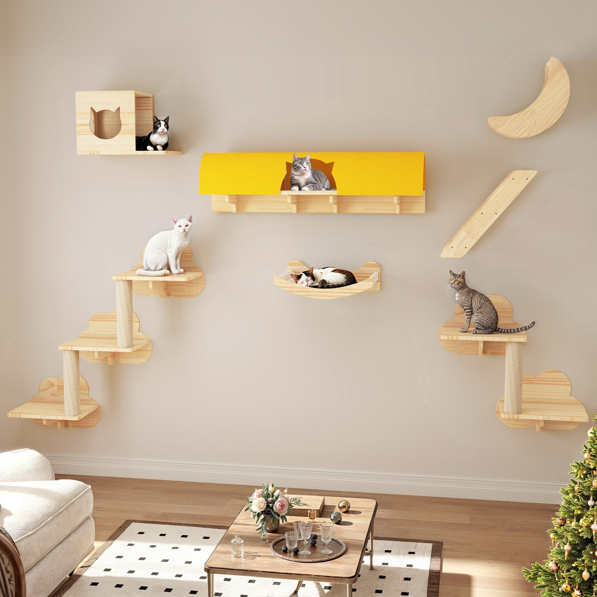 Homiflex Cat Wall Shelves Set, 13PCS Wooden Cat Wall Furniture with Tunnel/House for Multiple Cats