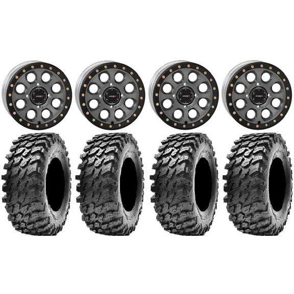 System 3 SB-7 15" Wheels Titanium (5 2) 30" Rampage Tires Kawasaki Mule Pro FXT