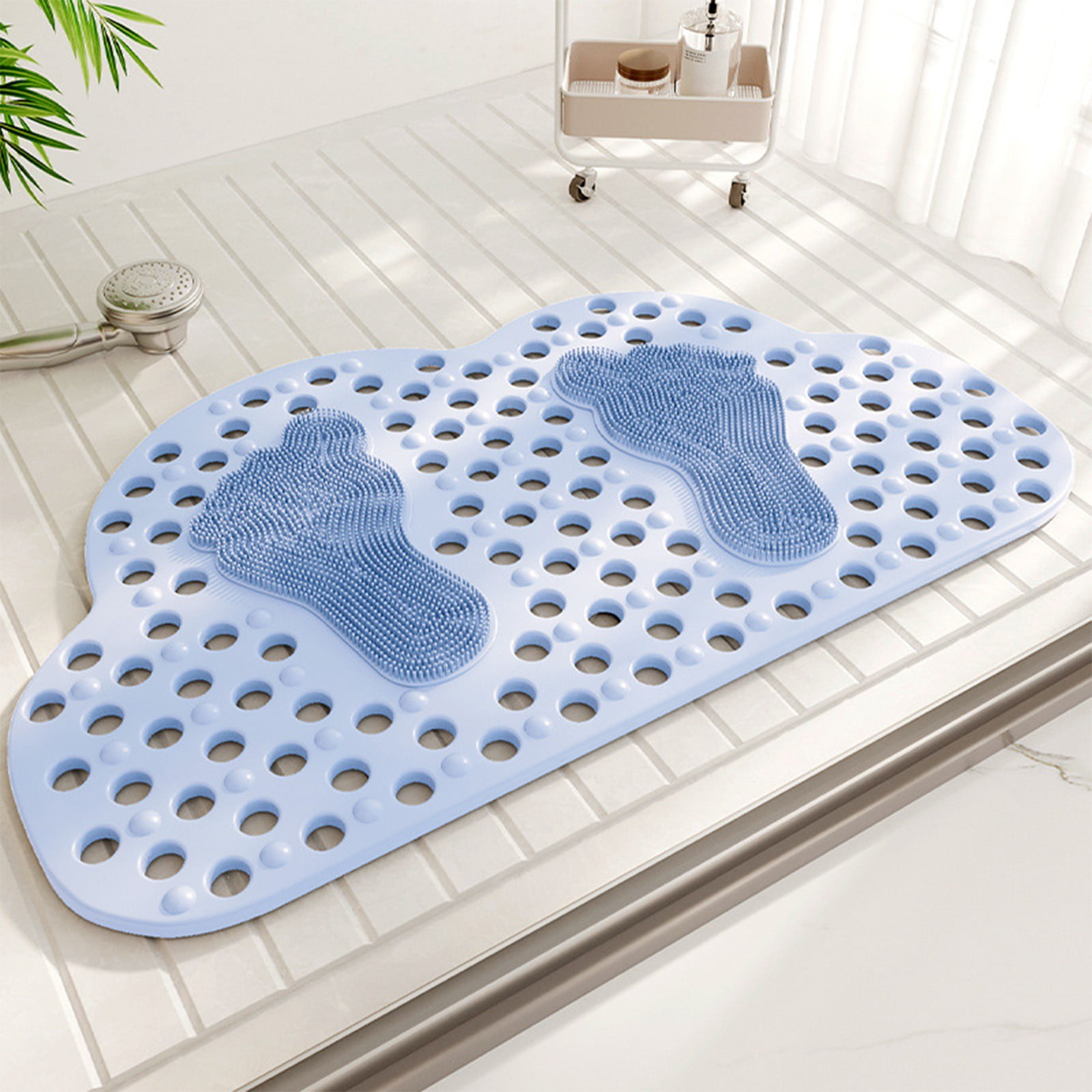 Non-Slip Bathtub Mat, Shower Floor Pad, Anti-Slip Bath Tub Safety Mat for Elderly with Powerful Suction Cups, PVC Bathroom Floor Mat, Gray and Blue, 27.56 x 14.17 Inches