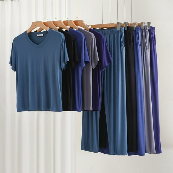 Yaltungu Plus Size 2 Piece Sets for Men Pajamas Pants with Pockets V Neck Tshirts Loose Soft Comfy Loungewear Outfits