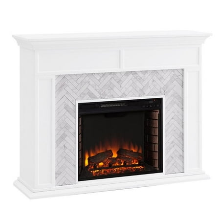 Pemberly Row Engineered Wood Tiled Marble Electric Fireplace in White