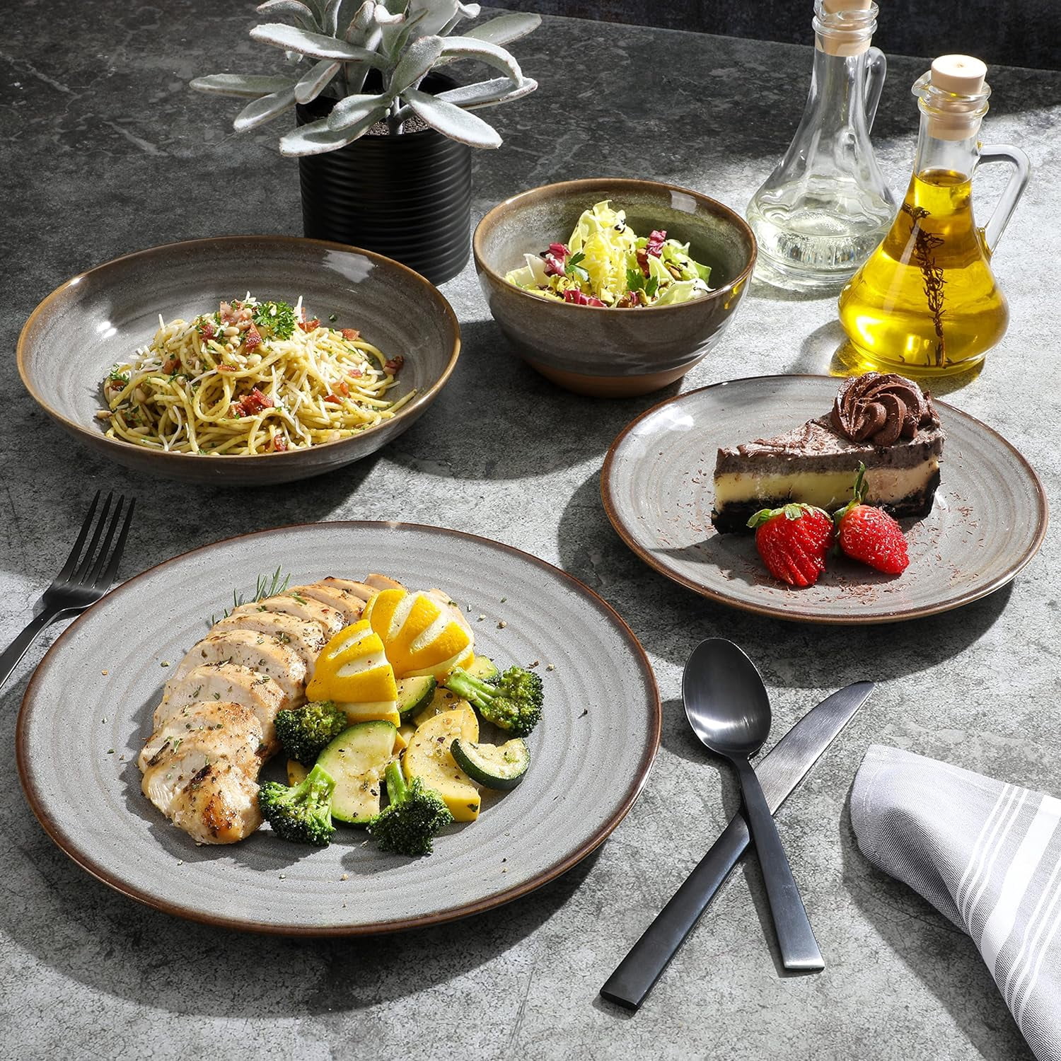 Gibson Elite Dreamweaver 16-Piece Terracotta Reactive Glaze Dinnerware Set - Grey