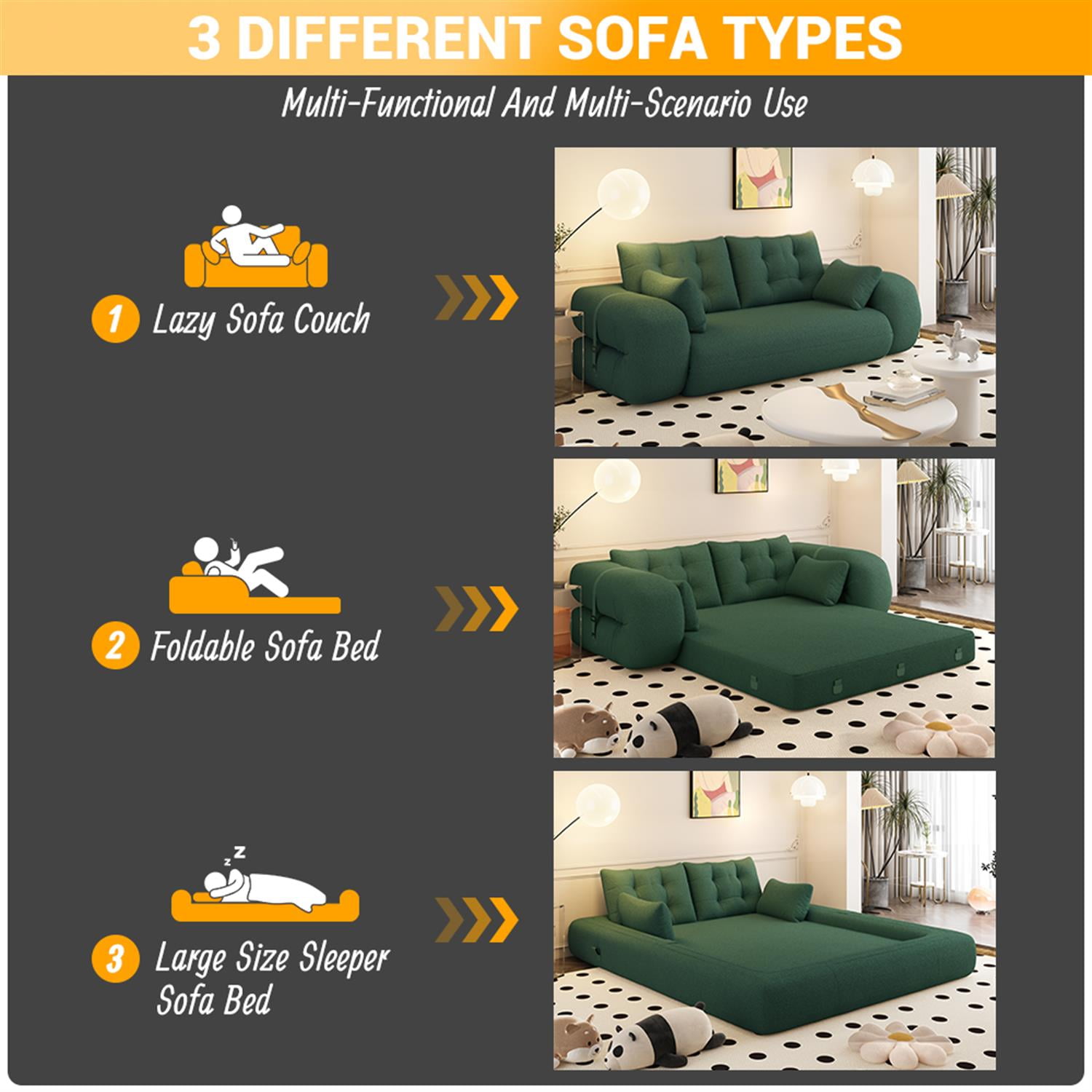 Demi Bonn 78" Cozy Sofa Couch, Foldable 3-in-1 Sleeper Bed, Multi-Functional Lazy Sofa for Living Room, Playroom, Comfortable Foam-Filled, Green