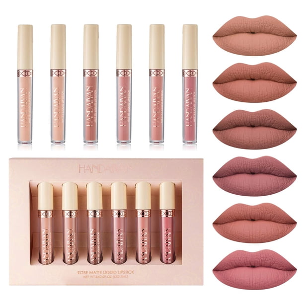 BONNIE CHOICE Juego de 6 pintalabios líquidos mate color nude, resistente al agua, de larga duración, antiadherente, lápiz labial nude, 24 horas, no se decolora, lápiz labial mate, brillo de labios pr