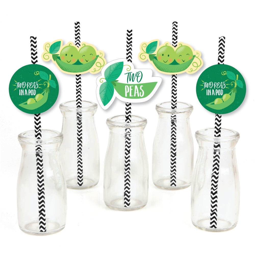 Double the Fun - Twins Two Peas in a Pod - Paper Straw Decor - Baby Shower or First Birthday Party Striped Decorative Straws - Set of 24