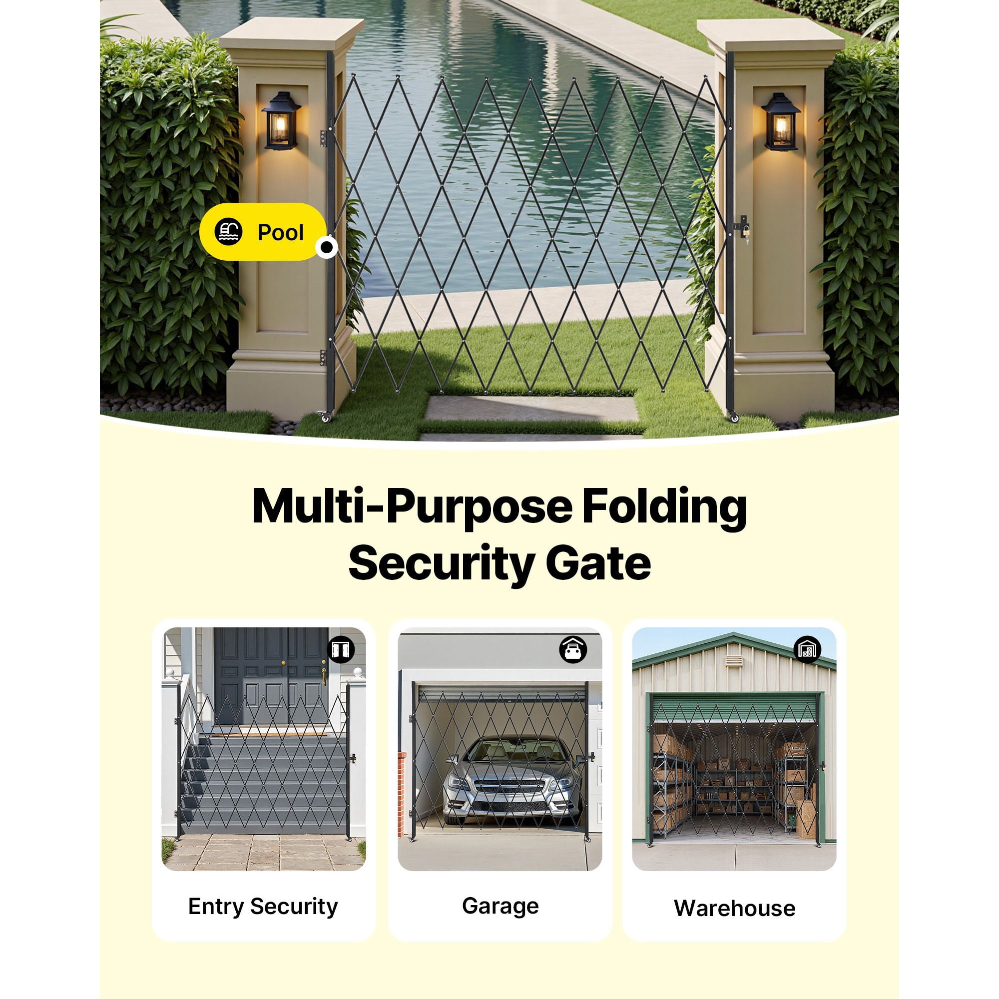 86.61"x86.81" Folding Lockable Scissor Gate, 360° Swivel Casters, Steel Retractable Barricade for Garage Warehouse Pool