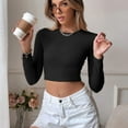 thumbnail image 2 of SWSMCLT Women's Sweater Knit Long Sleeve Crop Top Soft Backless Casual Crewneck Winter Cropped Top Ribbed Black Small, 2 of 4
