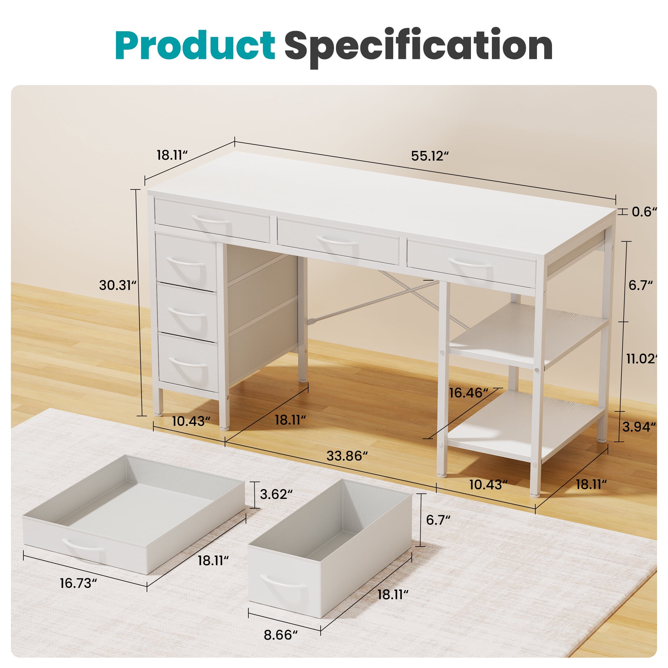 EDX 55 Inch Computer Desk with Fabric Drawers & Storage Shelves,Small Home Office Desk Study Table for Home office Bedroom,White