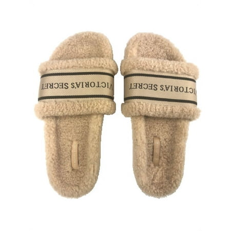 

Victoria s Secret Soft Sherpa Plush Logo Slippers Slides Sandals Color Camel Size Large (9/10) NWT