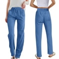 thumbnail image 2 of Women'S Cargo Pants Solid Color Linen High Waist Elastic Drawstring Lightweight Loose With Pockets Women’S Pants Blue XXL, 2 of 4