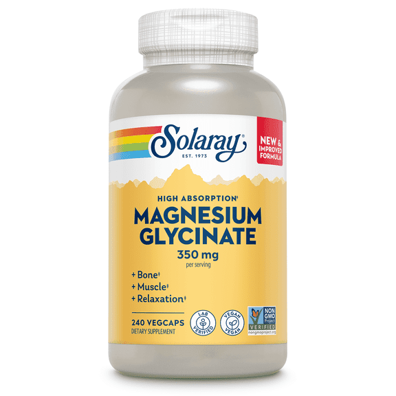 SOLARAY Magnesium Glycinate Capsules, Chelated Magnesium Bisglycinate w/BioPerine, Higher Absorption Magnesium Supplement - Bones, Muscles, Heart Support, Vegan, 60 Servings, 240 VegCaps