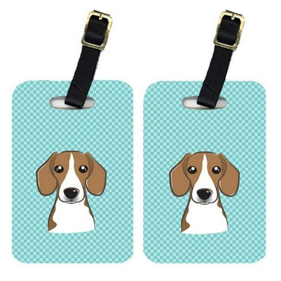 Paire d'Étiquettes de Bagage Beagle Bleues à Damier