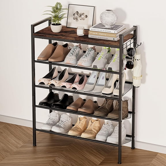 5 Tier Shoe Rack, Shoe Rack for Front Door Entrance with Hook, Shoe Organizer with Adjustable Mesh Shelves, Metal Shoes Rack for Entryway, Closet, Bedroom Living Room Garage