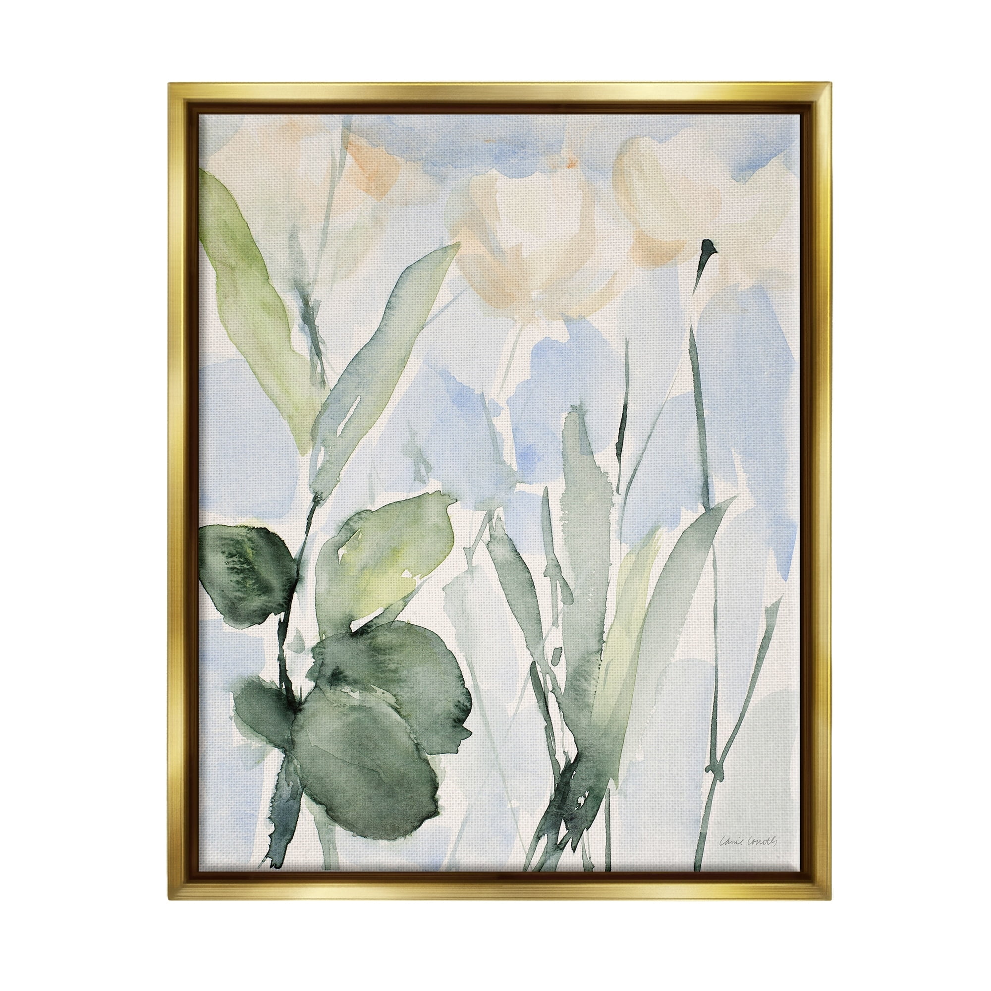 Stupell Industries Abstract White Flowers Leaves Watercolor Effect Brushstrokes Painting Metallic Gold Floating Framed Canvas Print Wall Art, Design by Lanie Loreth